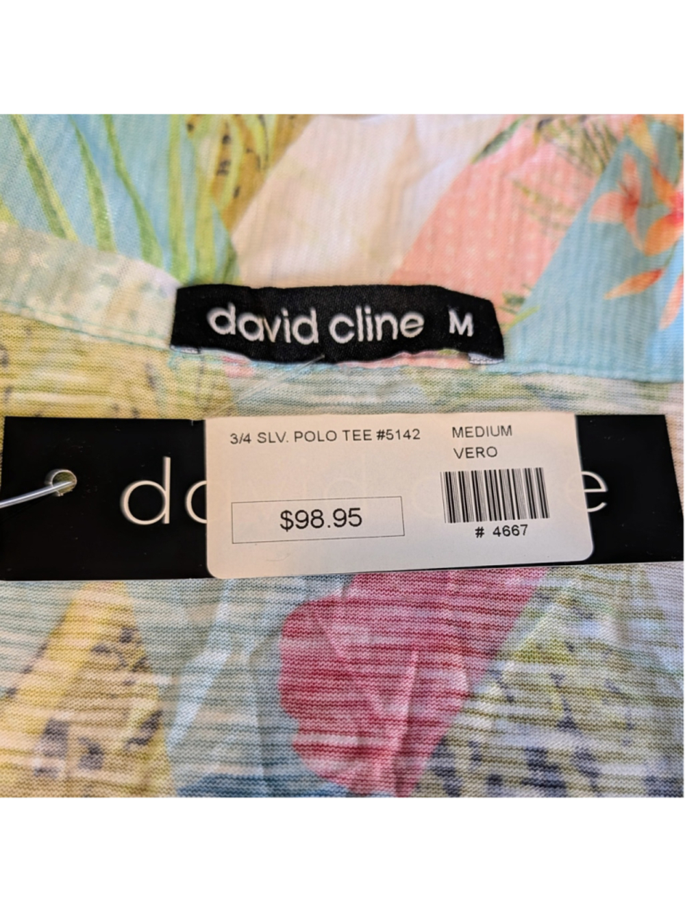 David Cline Tropical Print Top NWT Small Lightweight Crinkle Polo 3/4 sleeve - Picture 9 of 12